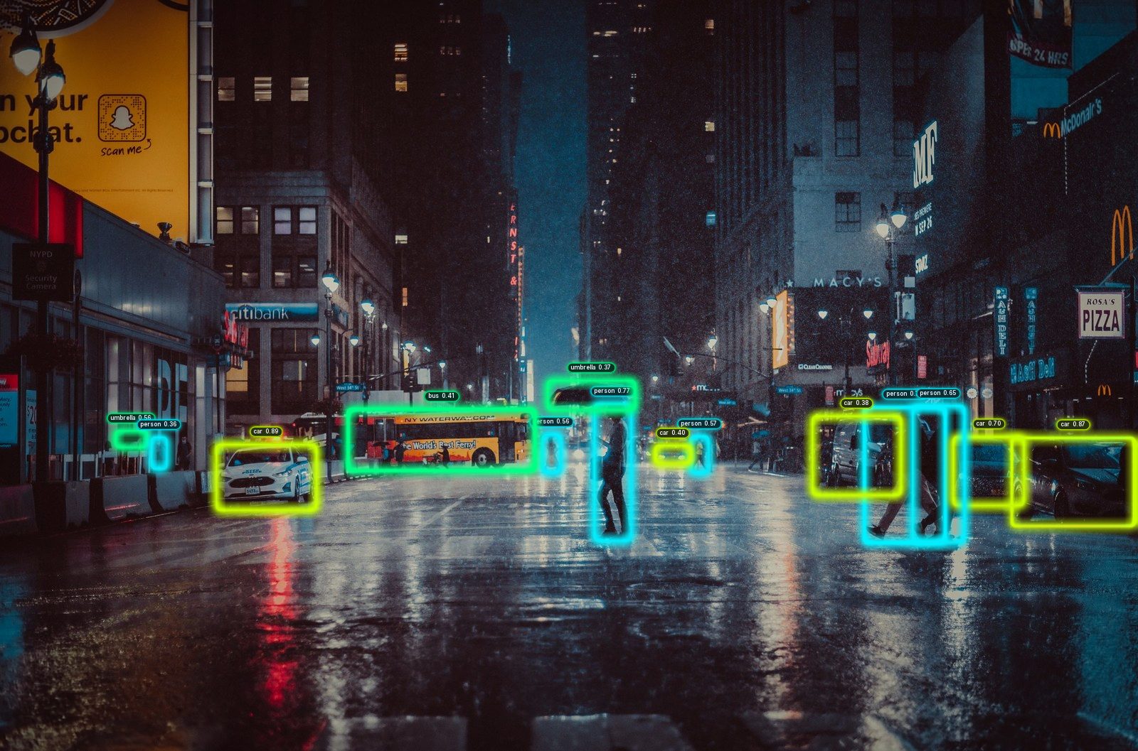The same scene annotated with the neon preset: glowing cyan and lime outlines.