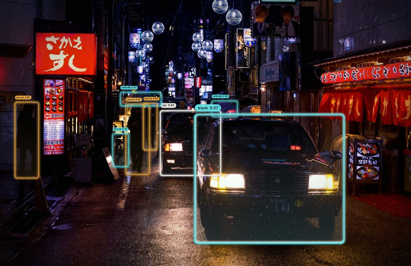 A neon-lit street at night with taxis and pedestrians, rendered with the cinematic preset.