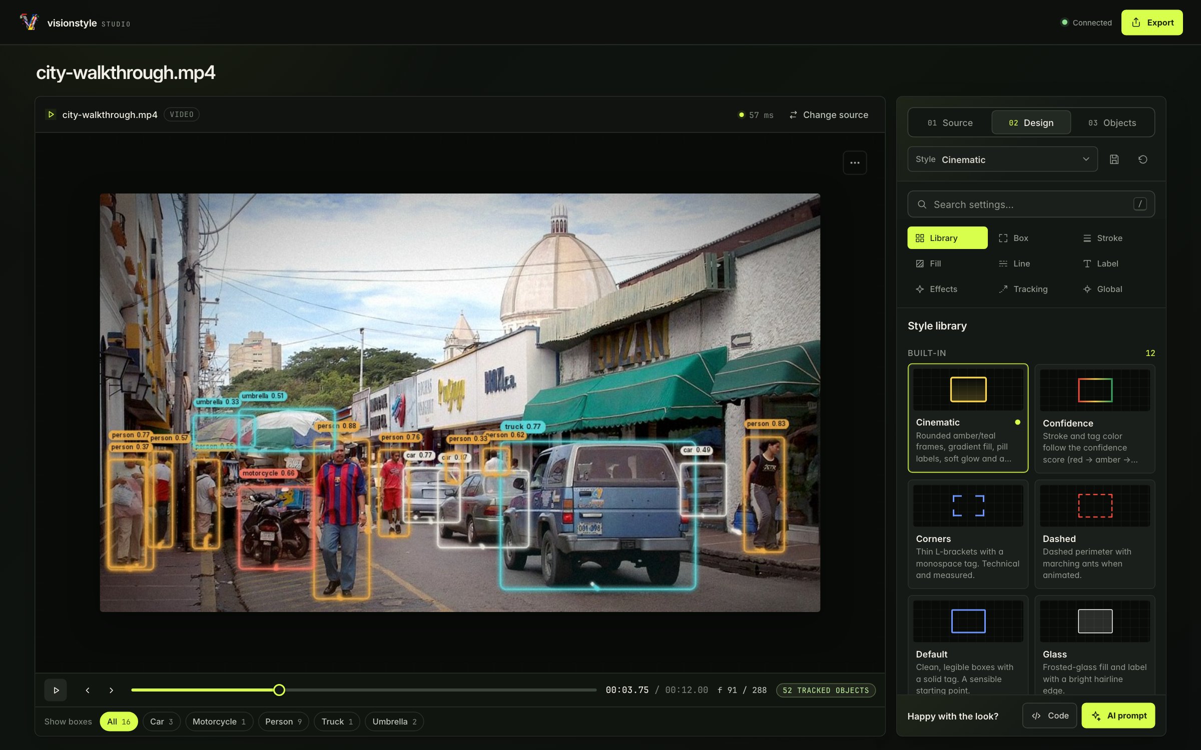 The visionstyle Studio: a live annotated preview of the tracked street-video sample with its timeline on the left, the style library and design sections on the right.